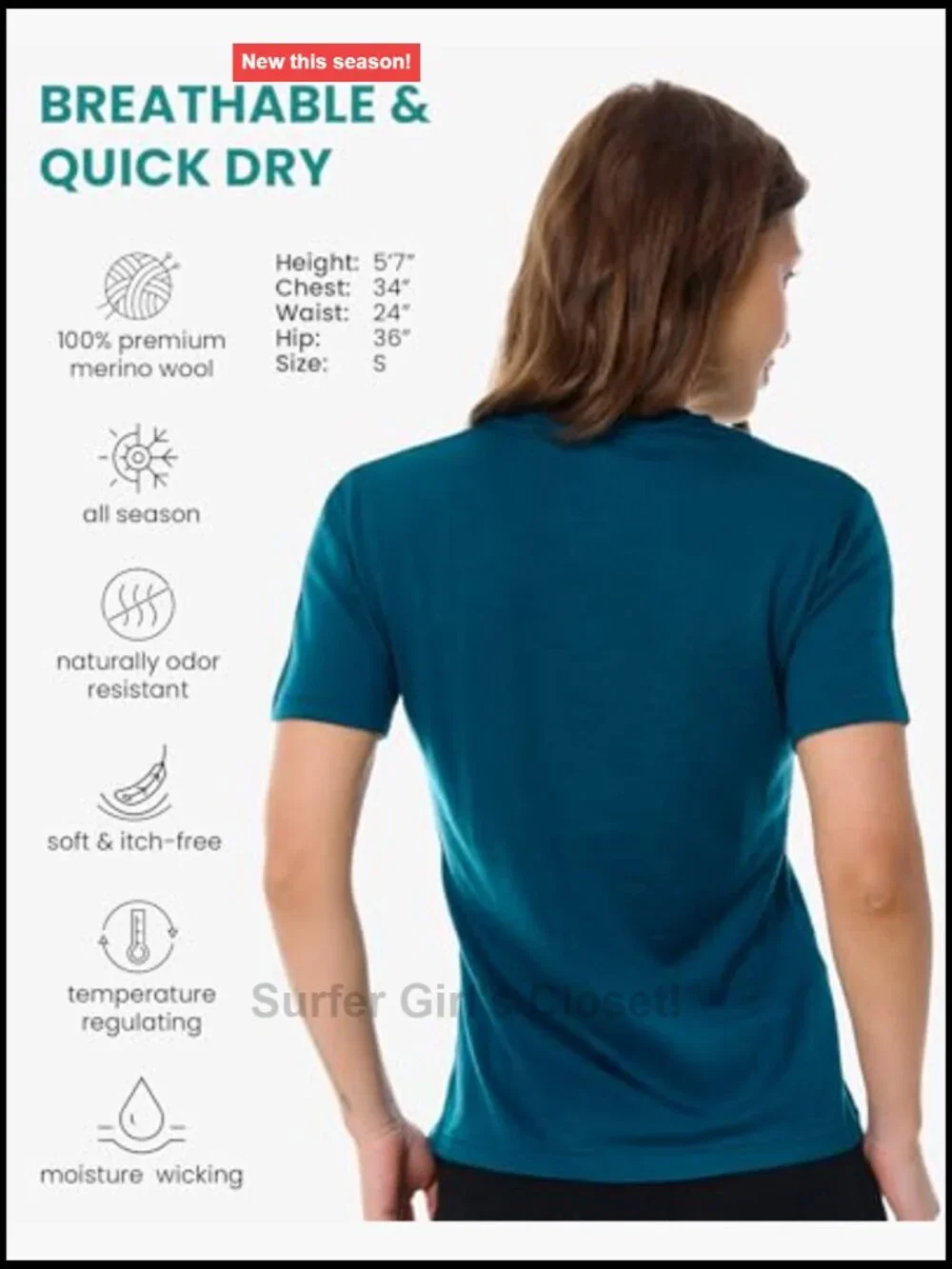 100% Merino Wool Short Sleeve Crew Neck T-Shirt Base Layer